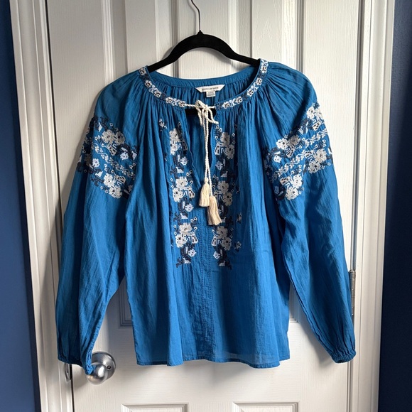 American Eagle Outfitters Tops - American Eagle Women's S Blue Cotton Floral Embroidered Peasant Blouse Top Boho